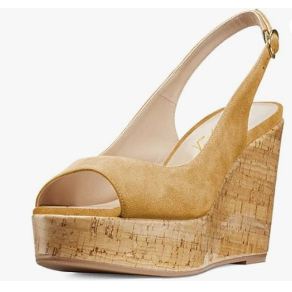 FOWT Women Peep Toe Slingback Platform Wedge Sandals High Heel Buckle  Khaki